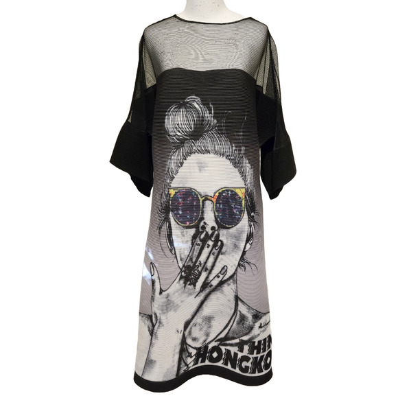 Thin Hongkoi Graphic Harajuka Style Plisse Kimono Sleeve Sheer Midi Dress - Picture 1 of 11